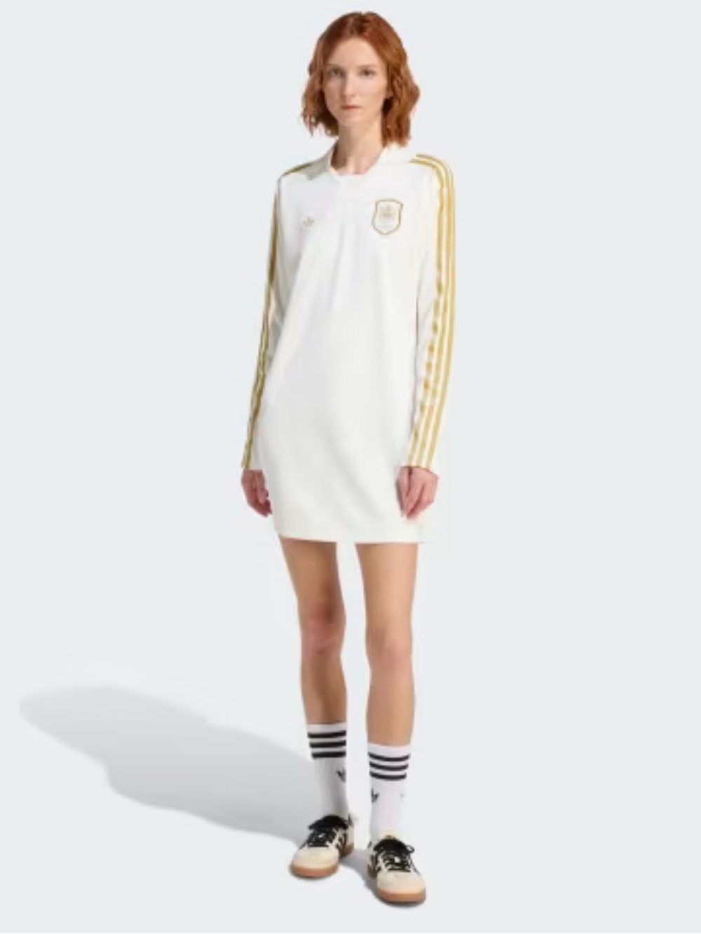 adidas White Long-Sleeve Soccer Dress Top with Gold Stripes